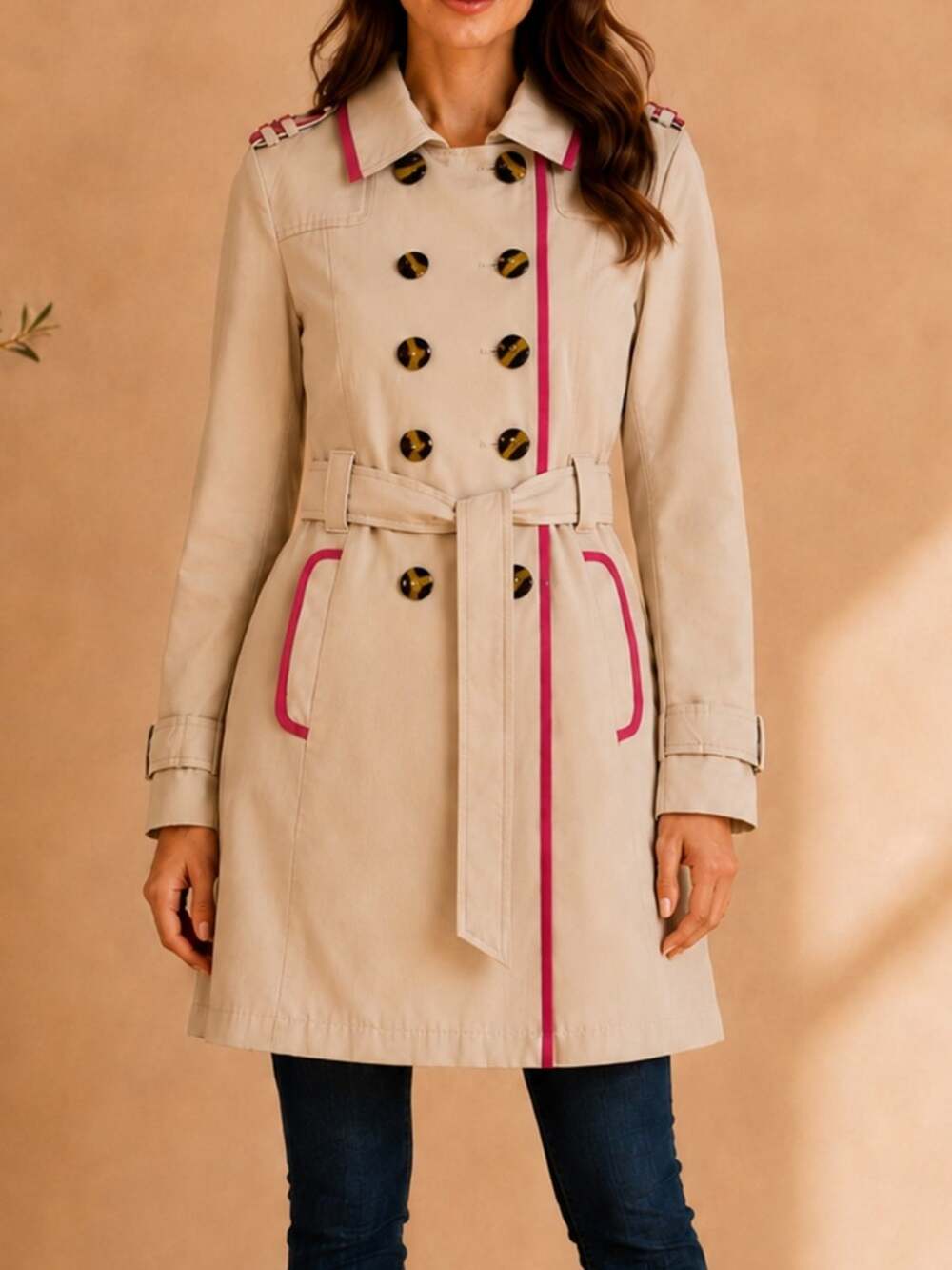 Esprit Y2K Beige Hot Pink Trim Double Breasted Belted Trench Coat Small
